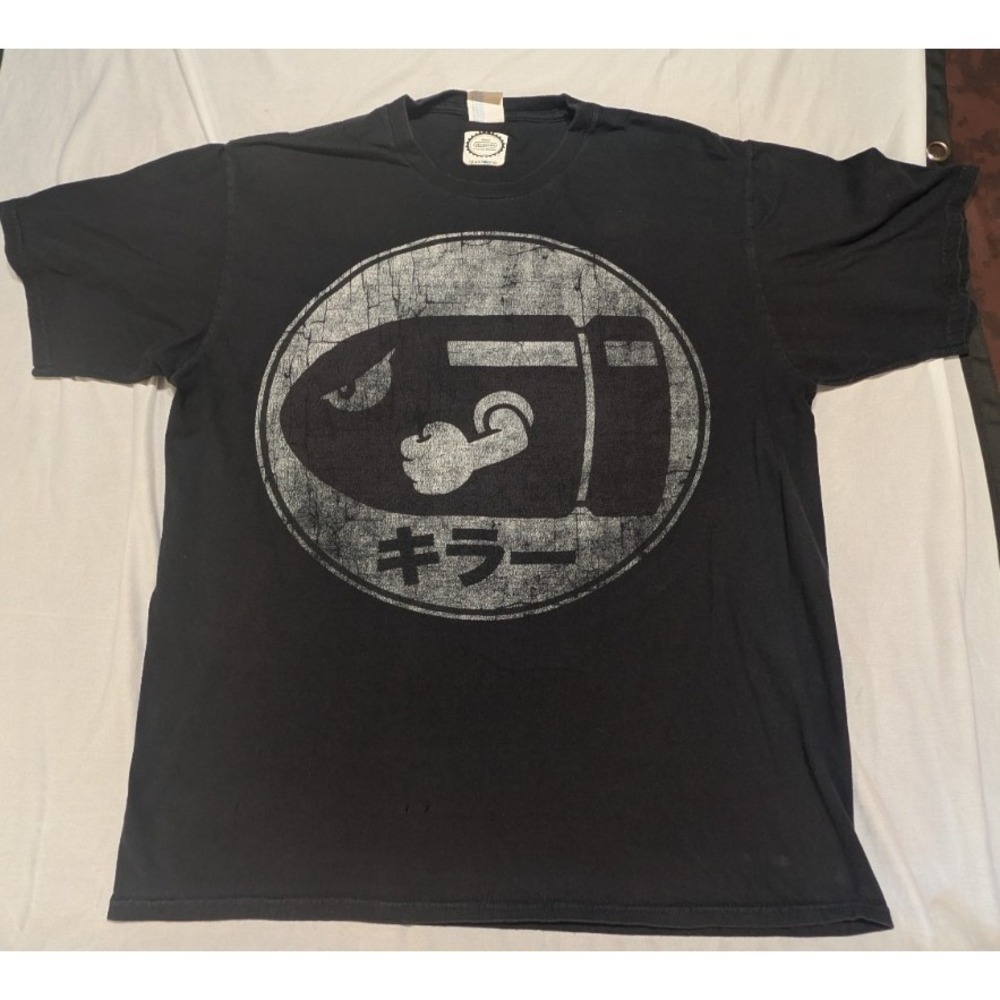 Nintendo Super Mario Bullet Bill Japanese Text T-Shirt Mens Large Black Distress